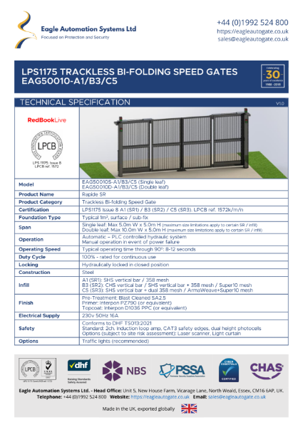 LPS1175 Security Rated Bi-Folding Trackless Speed Gate Datasheet