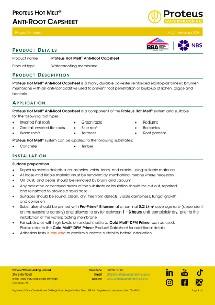 Product Data Sheet - Proteus Hot Melt® Anti-Root Capsheet