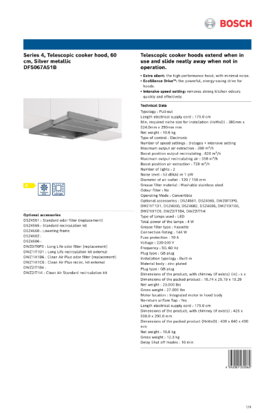 Series 4, Telescopic cooker hood, 60
cm, Silver metallic
DFS067A51B