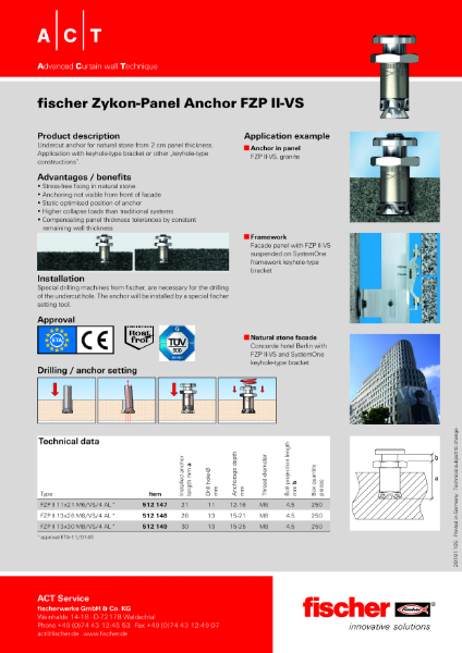 fischer Zykon-Panel Anchor FZP II-VS datasheet