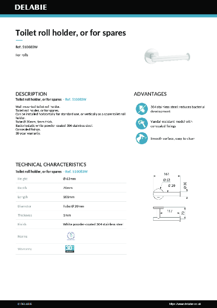 Wall-mounted toilet roll holder 510083W data sheet