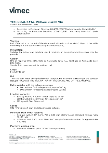 Technical data for V6s platform stairlift