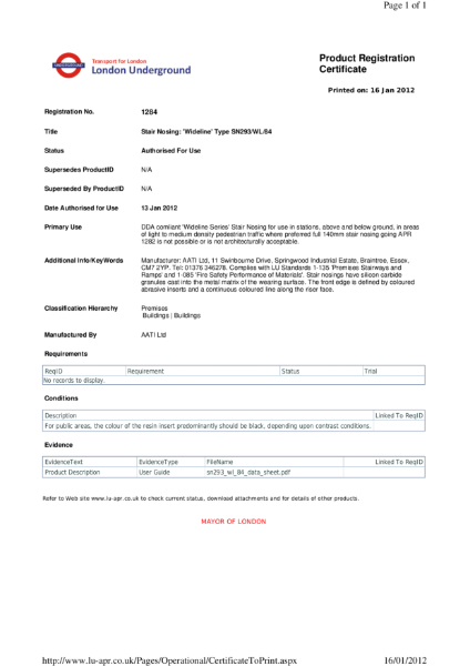 AATi certificate for product ref SN293 WL 84