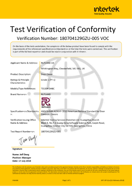 TS.5204 - ANSI/BHMA - Grade 1 Certificate - Intertek