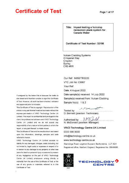 VulcaLap® Impact test report - CWCT TN75, TN76