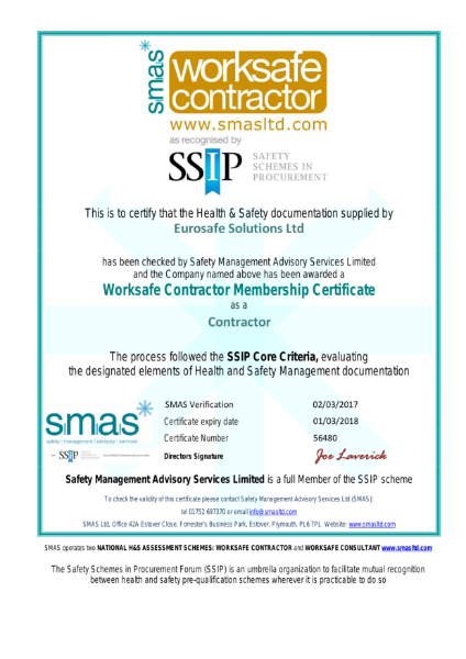 SMAS Worksafe Contractor Certificate