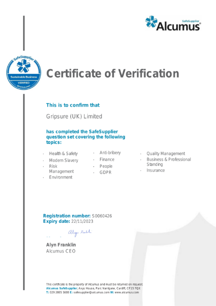 Gripsure Safe Supplier Certificate