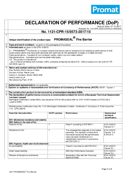 Promaseal Fire Barrier Declaration of Performance