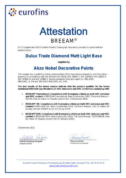 Dulux Trade Diamond Matt BREEAM Attestation 