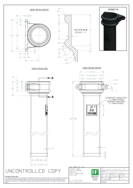 100mm (4") Eared LCC Soil Pipe Drawing