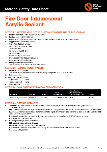 FAS Fire Door Intumescent Acrylic Sealant - MSDS
