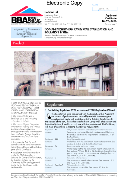 97/3426 Isothane Technitherm cavity wall stabilisation/insulation system