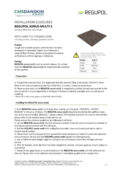 REGUPOL SONUS MULTI 3 With Hard Tile Finishes Over - Installation Guide