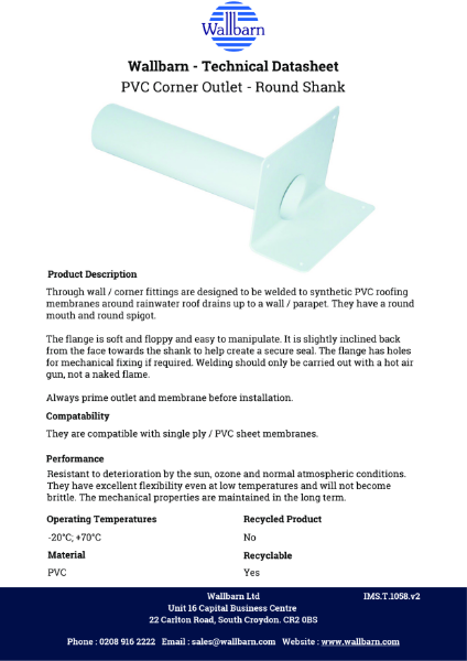 Datasheet - PVC Corner (Through Wall) Outlet Round Shank