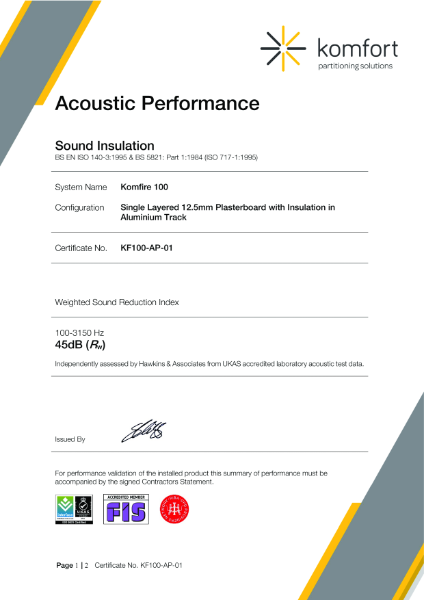 KF100-AP-01 | Acoustic Performance | Komfire 100 | Single Layered 12.5mm Plasterboard | 45dB (Rw)