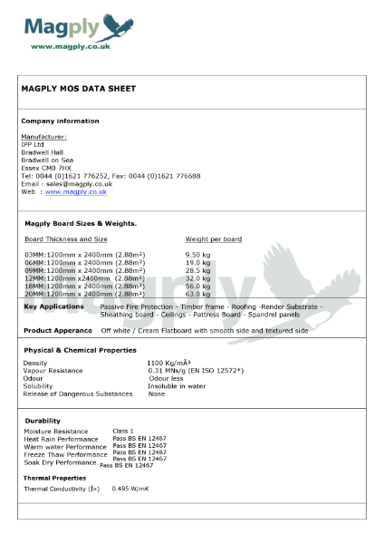 Magply A1 Non Combustible Fire Protection Board - Datasheet