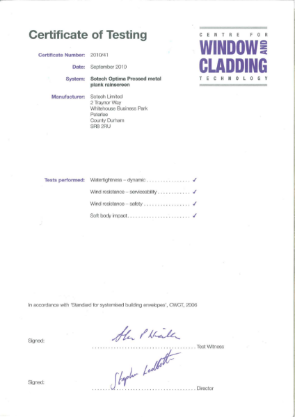 CWCT Certificate for Sotech Optima IPC Pressed Metal Plank Rainscreen