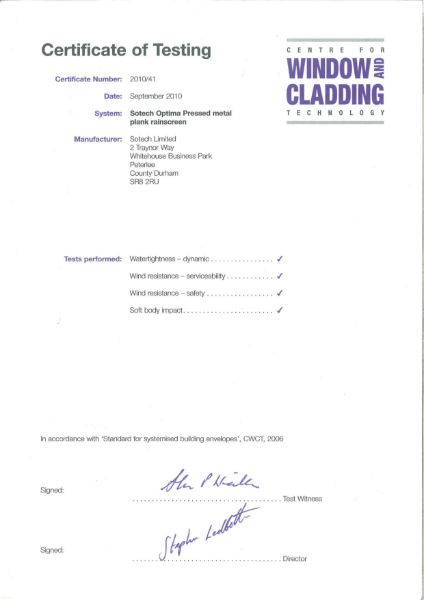 CWCT Certificate of Testing Optima IPC