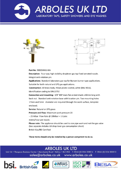 Arboles UK Four Way Bench Mounted Drop Lever Gas Tap