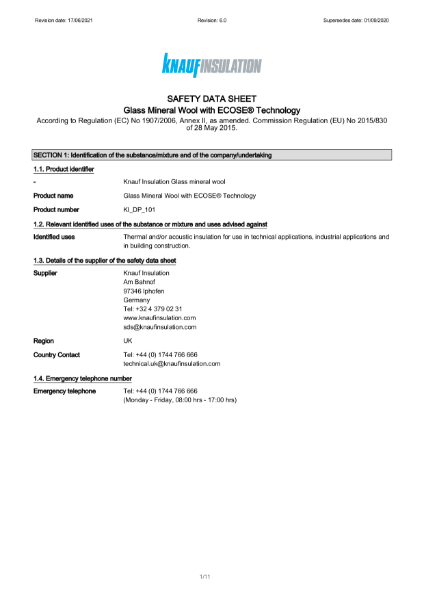 Glass Mineral Wool with ECOSE® Technology - Safety Datasheet