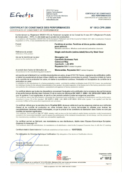 Strongdor Efectis 1812-CPR-2099 Fire Certificate