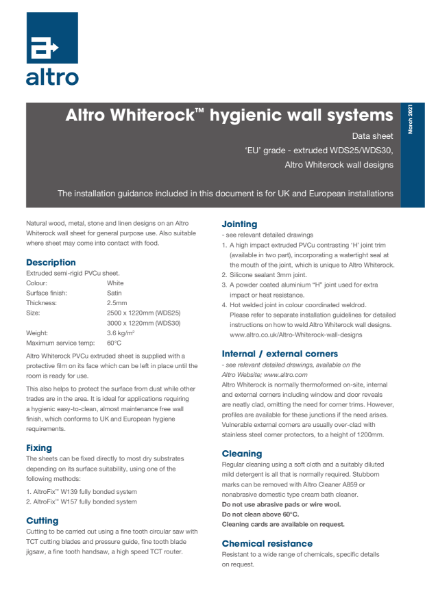 Altro Whiterock Wall Designs Technical Data Sheet
