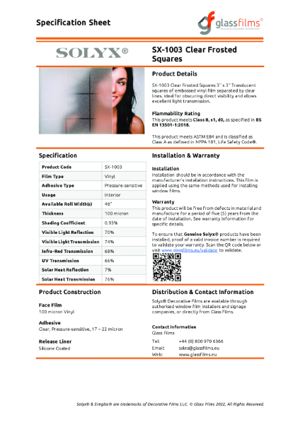 SX-1003 Clear Frosted Squares Specification Sheet