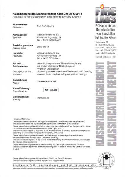 Oscar Elite fire test report A2-s1,d0