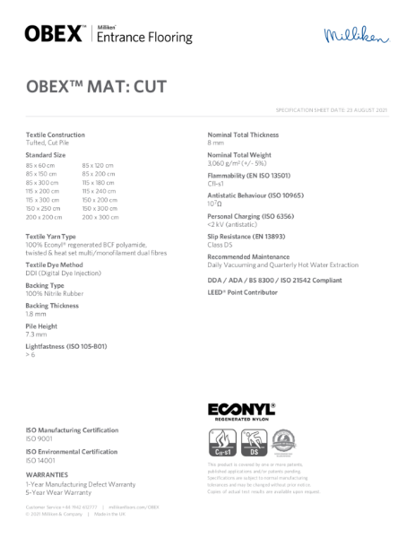 OBEX Entrance Flooring - Mat Cut Technical Specification