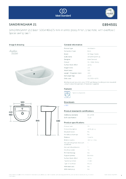 Datasheet - E894501 SANDRINGHAM 21 | Basin