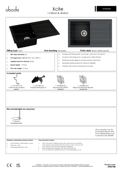 AW3168. Xcite Granite Inset Sink, 1.0 Bowl (Black Metallic) -  Consumer Spec
