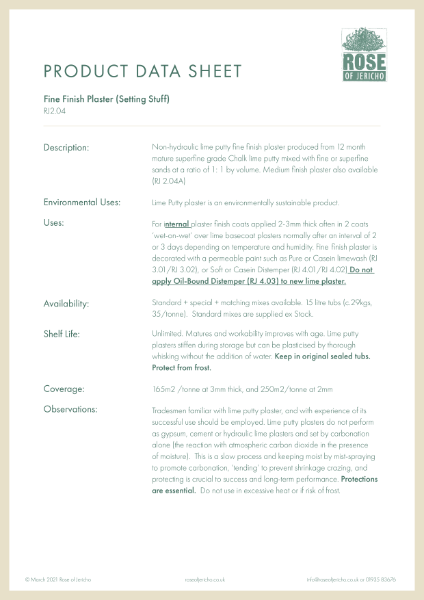 Fine Finish Plaster - Data Sheet