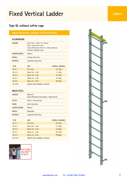 TYPE BL Fixed Vertical Ladder - No Safety Cage