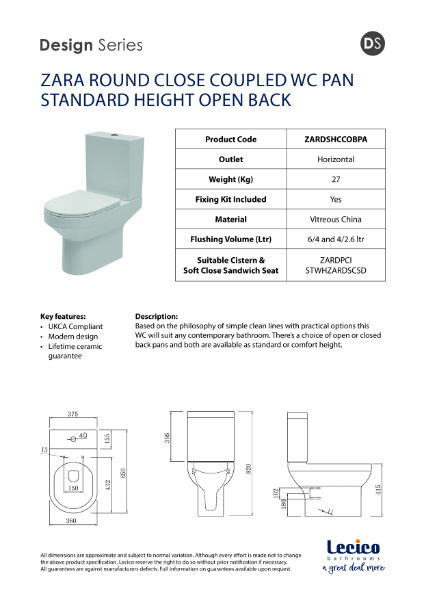 Zara Round Close Coupled WC Pan Standard Height Open Back