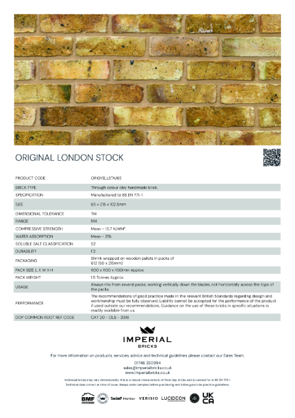 Imperial Bricks Original London Stock Data Sheet