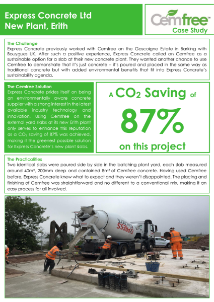 Erith Concrete achieves an 87% saving using Cemfree