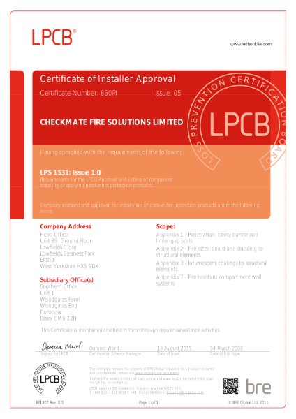 BRE Certificate Checkmate Alufire Installation LPS1531