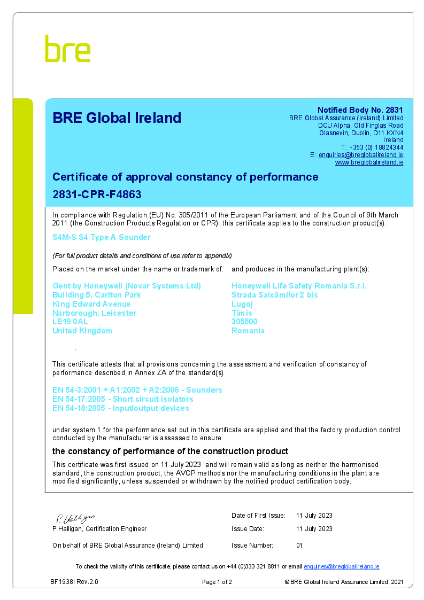 Honeywell Gent S4M-S EN54 Certificate of Performance