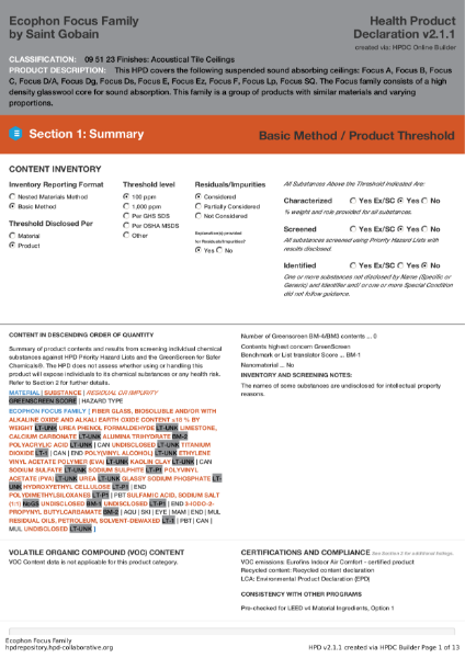 Ecophon Focus Health Product Declaration Certificate