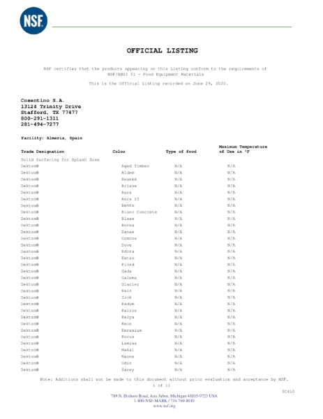 DEKTON NSF CERTIFICATE 06 2020