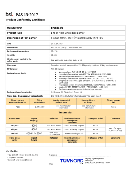 End of Aisle Barrier (Single) - PAS 13 Compliance Certificate - TÜV NORD