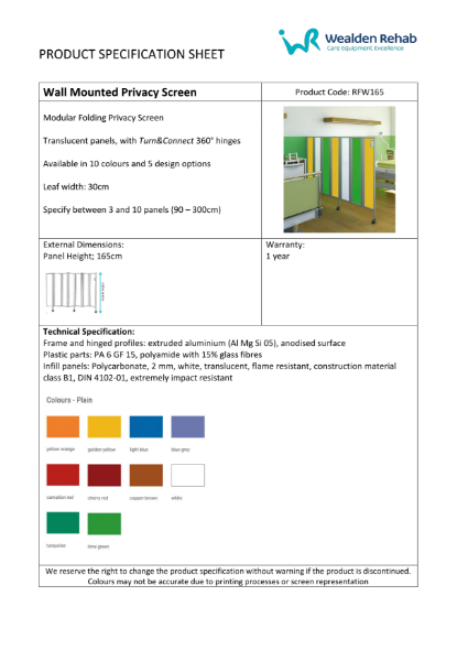 Wall Mounted Privacy Screen - Product Specification Sheet
