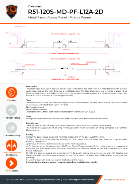 Datasheet - Metal Faced Riser Door Picture Frame 2 Hour Fire Rated Smoke Tested Double Door – R51-120S-MD-PF-L12A-2D