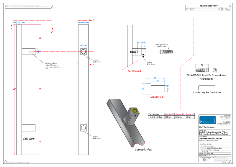 BLU™ HAB15 Inline Rectangular 'T' Bar Pull Handle Secret Fix for