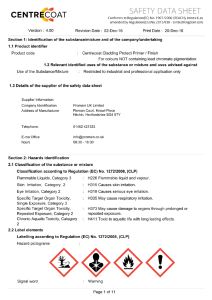 Centrecoat Cladding Protect Primer / Finish - Safety Data Sheet