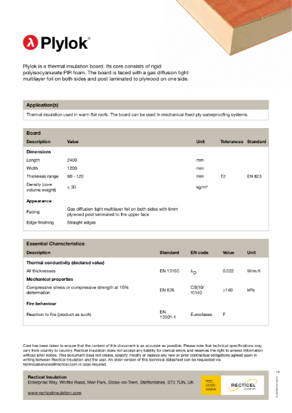 Plylok flat roof insulation technical datasheet