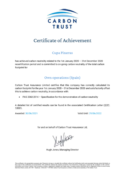 Carbon neutrality – certificate of achievement