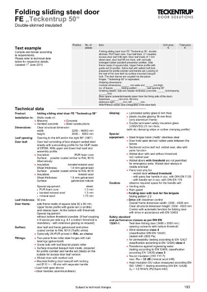 Folding Door FE "Teckentrup 50" (Technical Data)