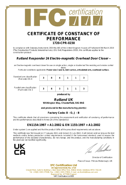 Responder24 - BS EN 1154 - UKCA - Certificate of Constancy of Performance - IFC
