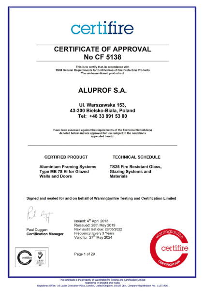 Aluprof MB-78 EI Certifire Certificate